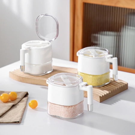 【CL】25Q4#6293 Fuchol One-Touch Lid-opening Glass Seasoning Jar (460ml) White/Khaki 【CL】25Q4#6293 Fuchol One-Touch Lid-opening Glass Seasoning Jar (460ml) White/Khaki